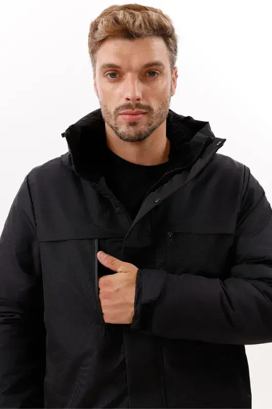 Men's Black Fleece Lined Waterproof Windproof Hooded Winter Jacket & Coat & Parka - 2
