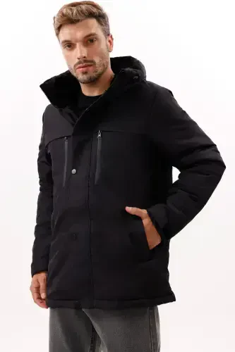 Men's Black Fleece Lined Waterproof Windproof Hooded Winter Jacket & Coat & Parka - 3