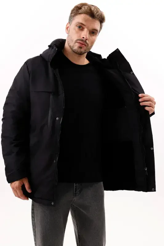 Men's Black Fleece Lined Waterproof Windproof Hooded Winter Jacket & Coat & Parka - 4