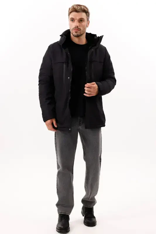 Men's Black Fleece Lined Waterproof Windproof Hooded Winter Jacket & Coat & Parka - 6