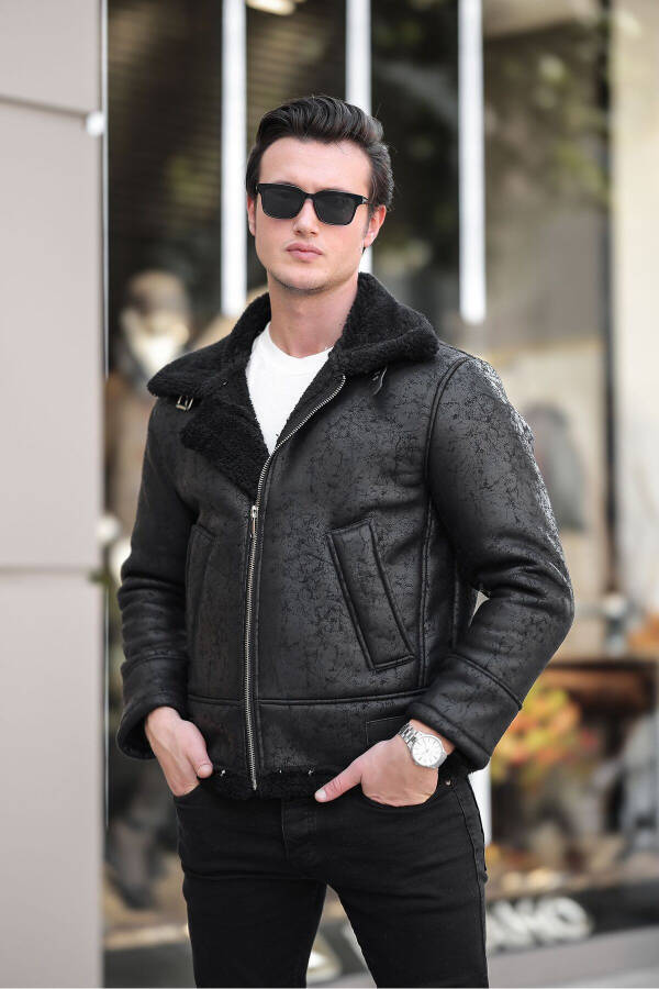 Men's Black Full Fur Lined Napa Leather Jacket - 5