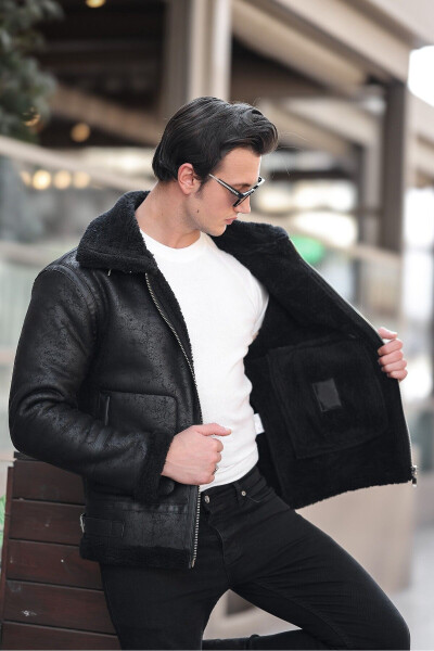 Men's Black Full Fur Lined Napa Leather Jacket - 7