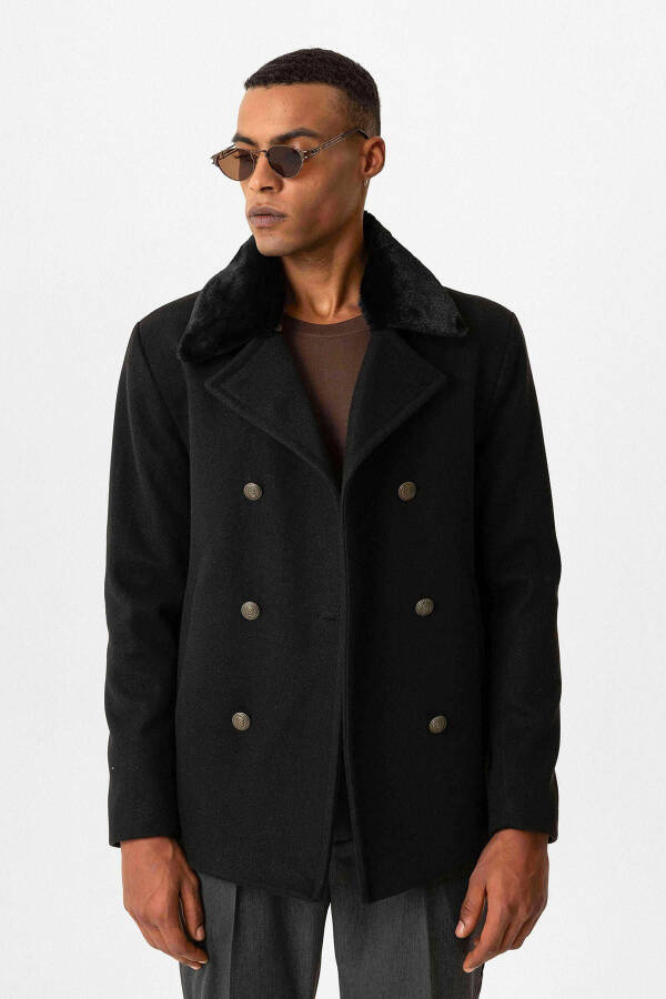 Men's black fur collar, double-breasted coat - 1