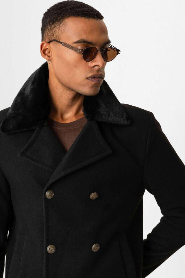 Men's black fur collar, double-breasted coat - 3