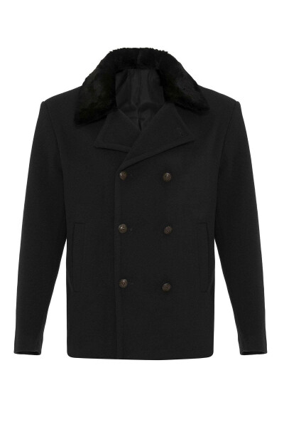 Men's black fur collar, double-breasted coat - 7