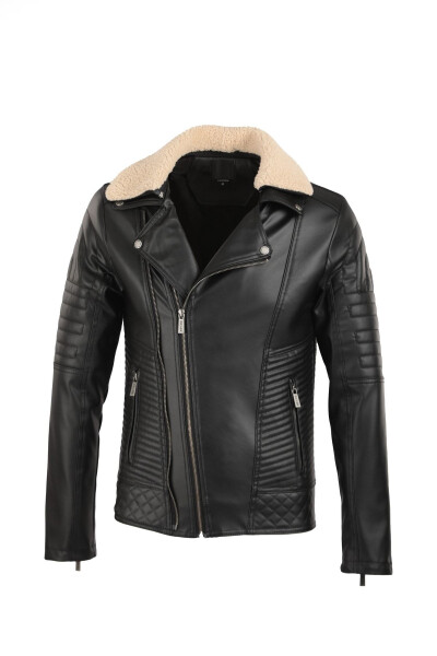 Men's Black Fur Collar Slim Fit Leather Jacket - 7