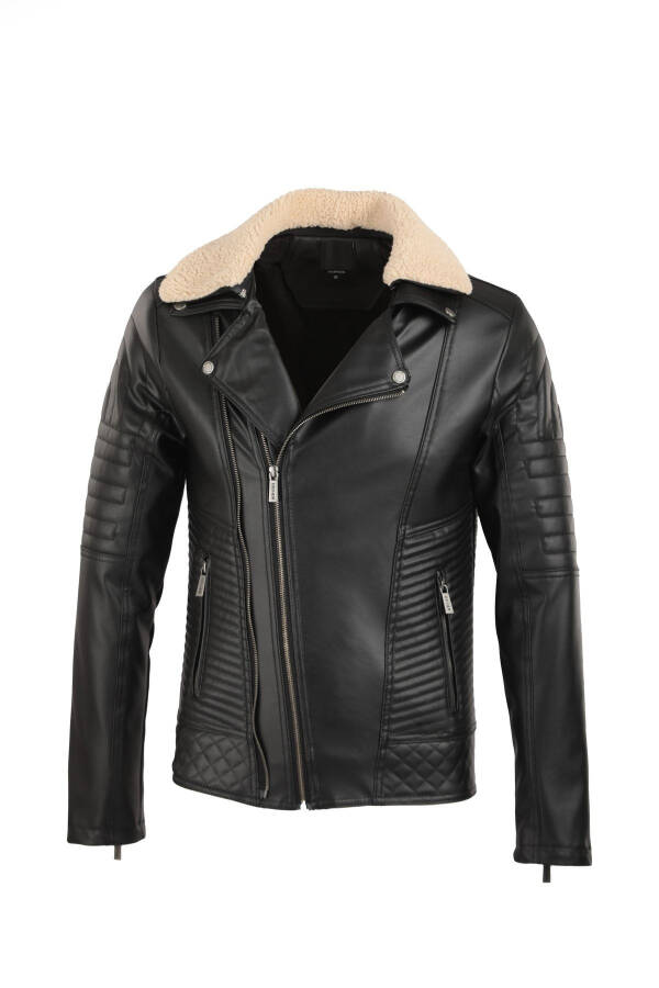 Men's Black Fur Collar Slim Fit Leather Jacket - 7