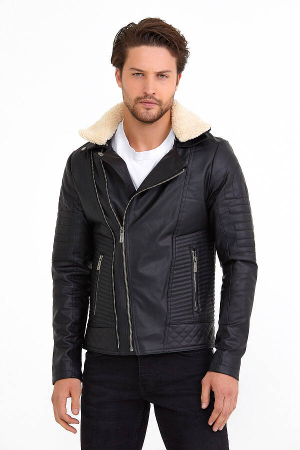 Men's Black Fur Collar Slim Fit Leather Jacket - 8