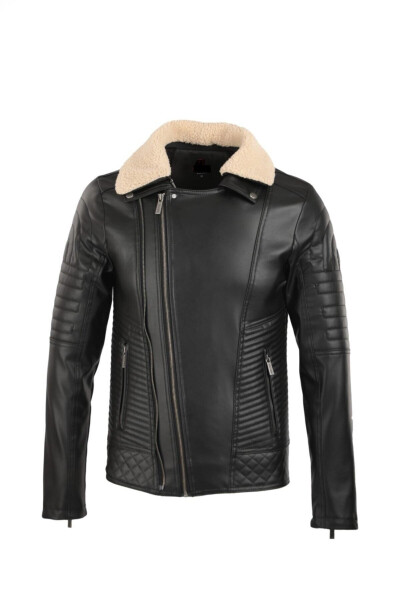 Men's Black Fur Collar Slim Fit Leather Jacket - 9