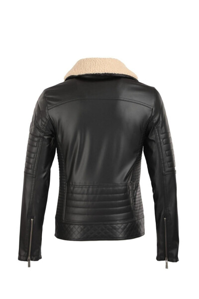 Men's Black Fur Collar Slim Fit Leather Jacket - 5