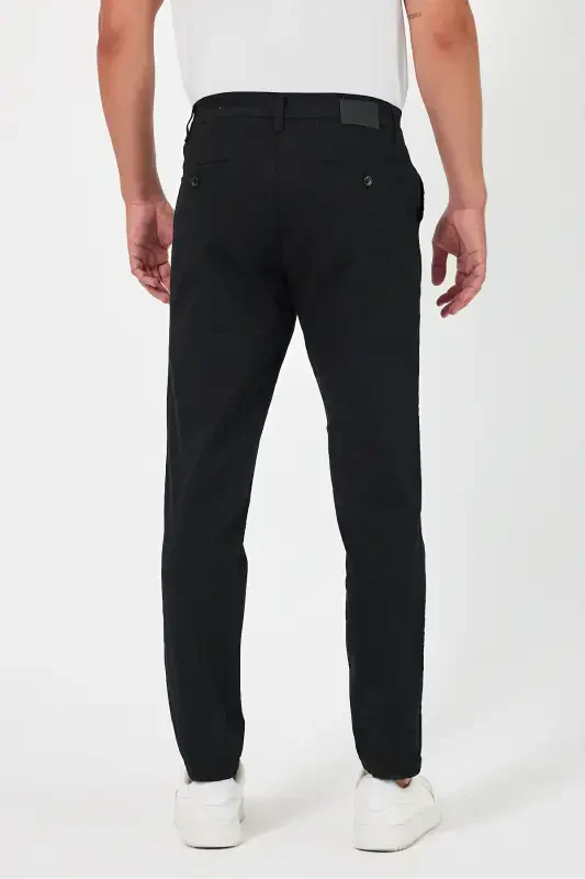 Men's Black Gabardine Cotton Slim Fit Stretch Chino Trousers-Black - 5
