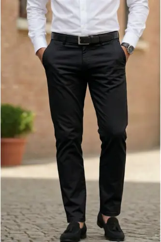 Men's Black Gabardine Cotton Slim Fit Stretch Chino Trousers-Black 