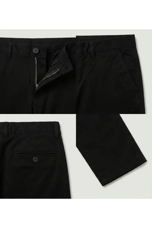 Men's Black Gabardine Cotton Slim Fit Stretch Chino Trousers-Black - 4