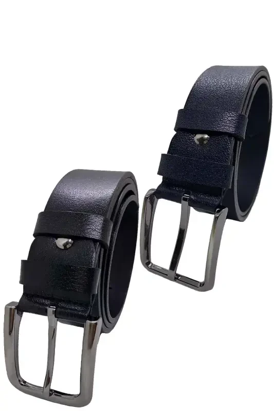 Men's Black Genuine Leather Belt 2-pack - Black Navy Blue - 2