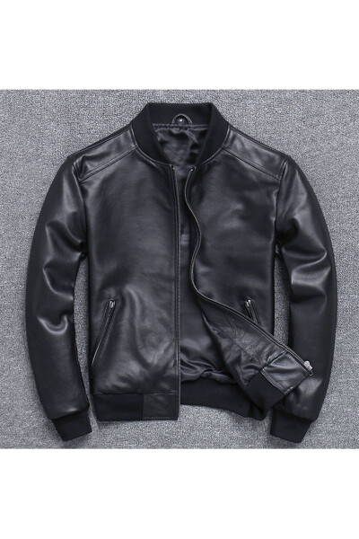 Men's Black Genuine Leather College Style Collar Jacket - 1