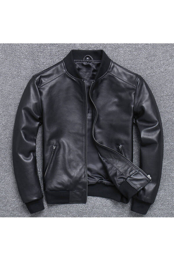 Men's Black Genuine Leather College Style Collar Jacket - 1