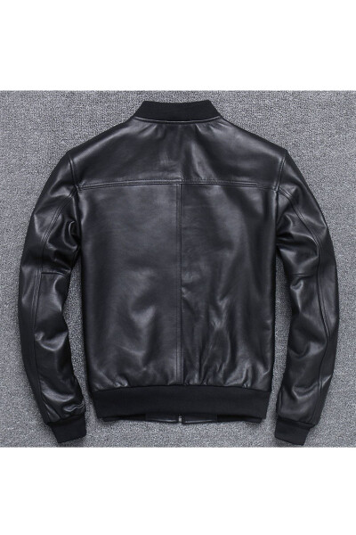 Men's Black Genuine Leather College Style Collar Jacket - 2