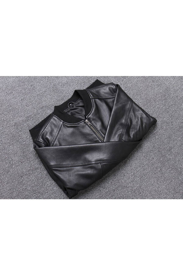 Men's Black Genuine Leather College Style Collar Jacket - 5