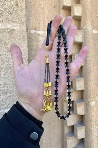 Men's Black Gift Tasseled Dusty Amber Rosary Dgn1180-Black White - 1