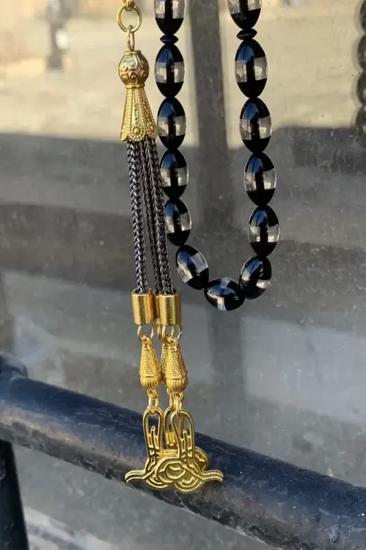 Men's Black Gift Tasseled Dusty Amber Rosary Dgn1180-Black White - 2