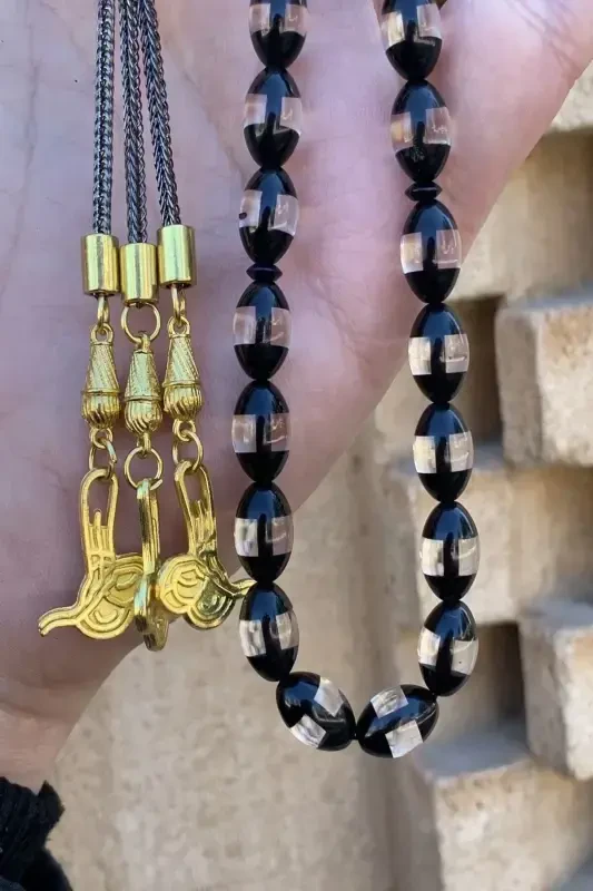 Men's Black Gift Tasseled Dusty Amber Rosary Dgn1180-Black White - 3