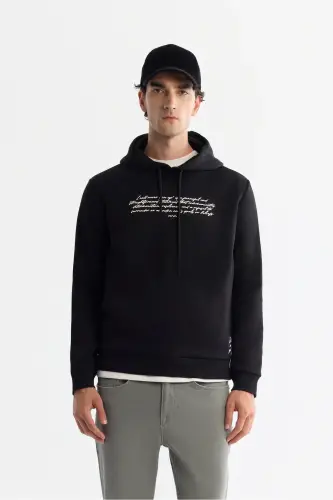 Men's Black Hooded 3 Thread Combed Printed Sweatshirt - 1
