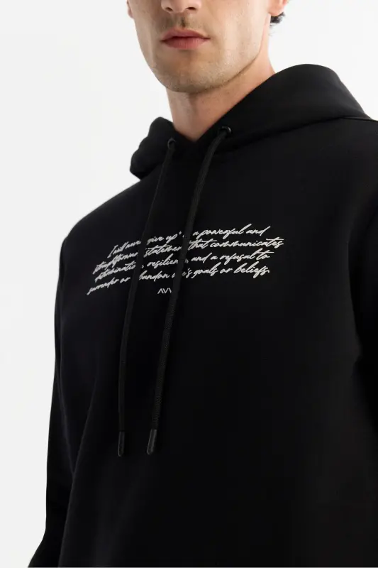 Men's Black Hooded 3 Thread Combed Printed Sweatshirt - 2