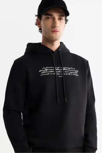 Men's Black Hooded 3 Thread Combed Printed Sweatshirt - 7