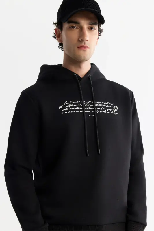 Men's Black Hooded 3 Thread Combed Printed Sweatshirt - 7