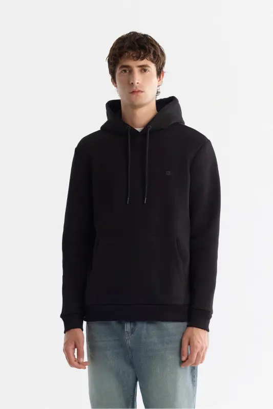 Men's Black Hooded Collar 3 Thread Combed Sweats - 1