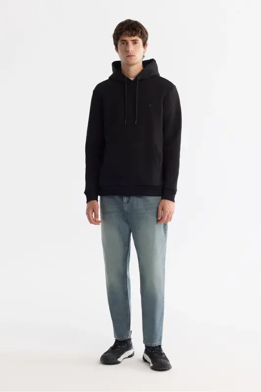 Men's Black Hooded Collar 3 Thread Combed Sweats - 5