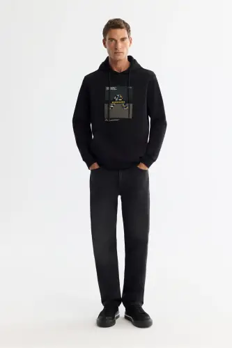 Men's Black Hooded Cotton Printed Elastane Sweatshirt - 3