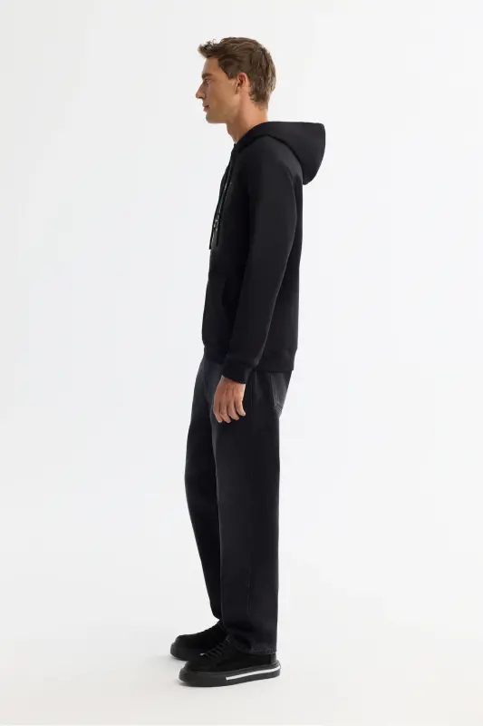 Men's Black Hooded Cotton Printed Elastane Sweatshirt - 4
