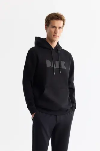Men's Black Hooded Cotton Printed Elastane Sweatshirt - 1