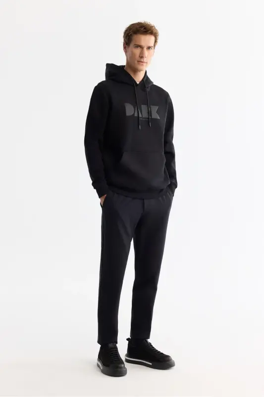 Men's Black Hooded Cotton Printed Elastane Sweatshirt - 5