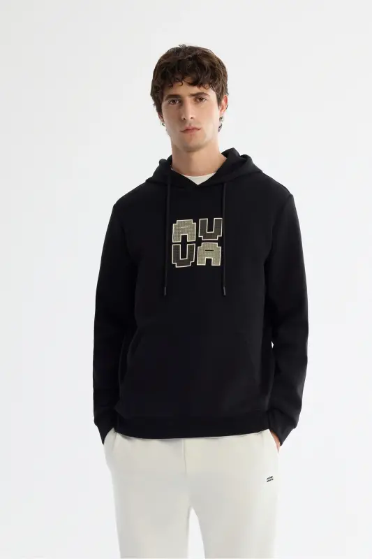 Men's Black Hooded Cotton Printed Elastane Sweatshirt - 1