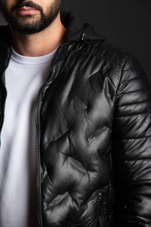 Men's Black Hooded Leather Jacket - 2