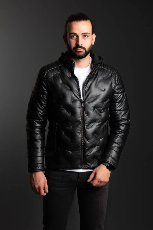 Men's Black Hooded Leather Jacket - 5