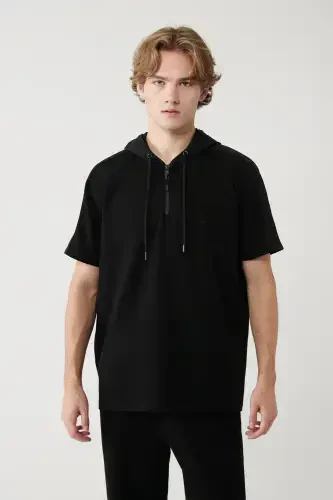 Men's Black Hooded Neck Jersey Trimmed Regular Fit T-shirt A41y1233 - 3