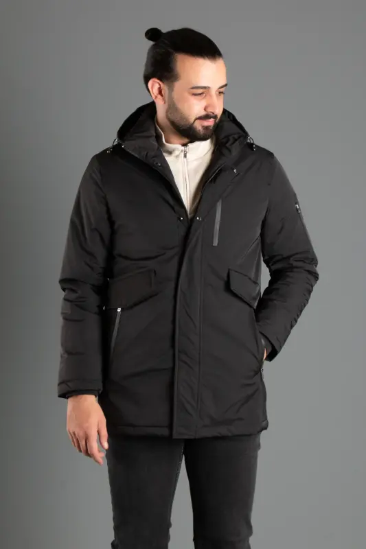 MENS BLACK HOODED PUFFER JACKET - BLACK - ZEKİ ÖZER