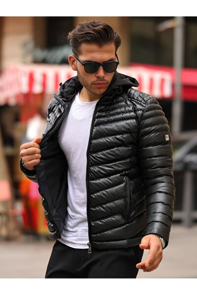 Men's Black Hooded Puffer Leather Jacket with Fur Lining and Inner Pocket - 1