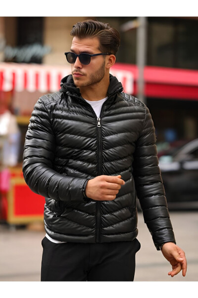 Men's Black Hooded Puffer Leather Jacket with Fur Lining and Inner Pocket - 3