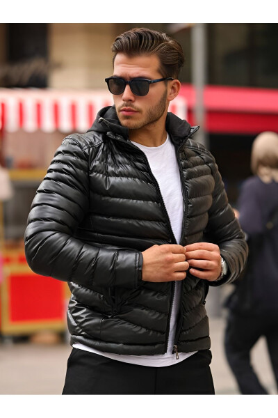 Men's Black Hooded Puffer Leather Jacket with Fur Lining and Inner Pocket - OLIGGOPOL (1)