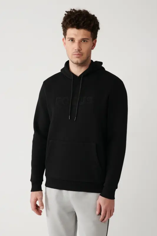 Men's Black Hoodie 3 Thread Combed Cotton Kangaroo Pocket - 1