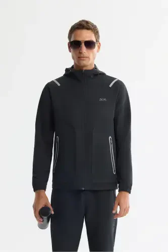 Men's Black Hoodie Zip-Up Elastane Sweatshirt - 1