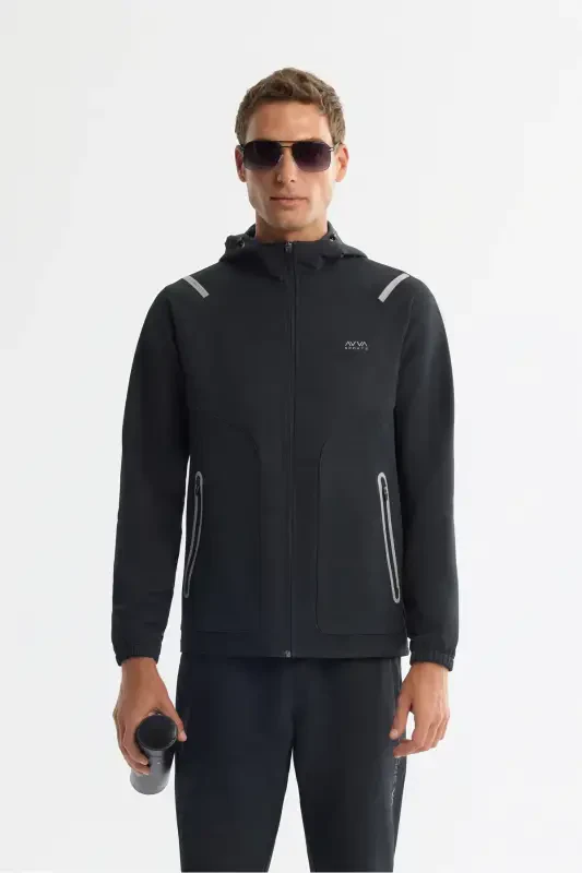 Men's Black Hoodie Zip-Up Elastane Sweatshirt - AVVA