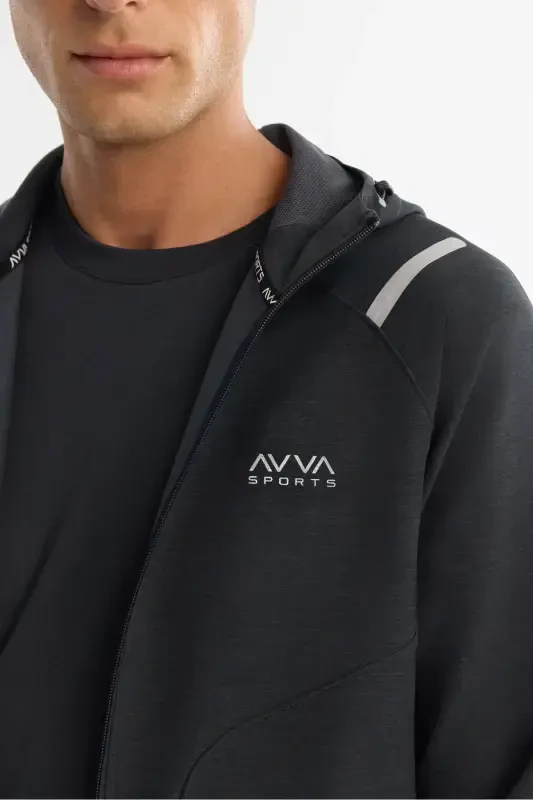 Men's Black Hoodie Zip-Up Elastane Sweatshirt - 2