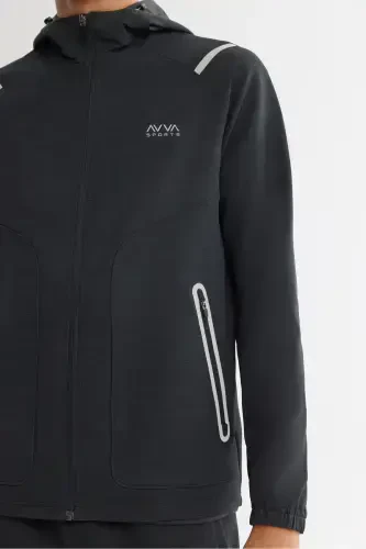 Men's Black Hoodie Zip-Up Elastane Sweatshirt - 3