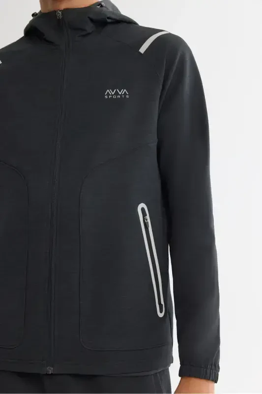 Men's Black Hoodie Zip-Up Elastane Sweatshirt - 3