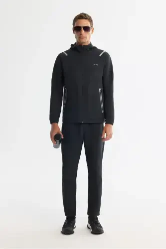 Men's Black Hoodie Zip-Up Elastane Sweatshirt - 6